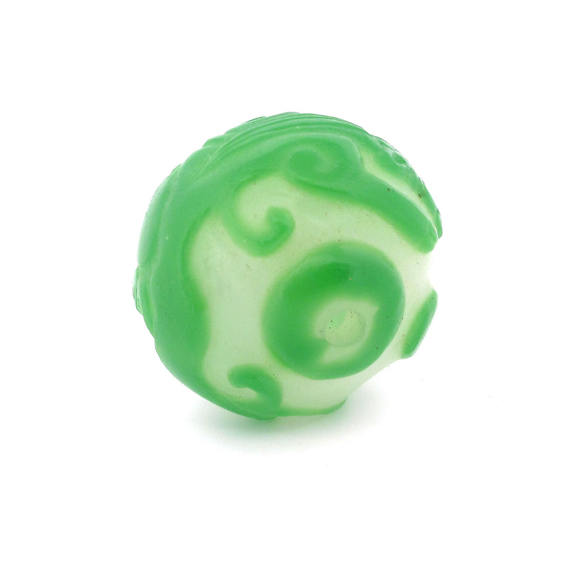 Peking Glass Carved bead, green dragons on milky white glass. Pkg 1.  b1-940