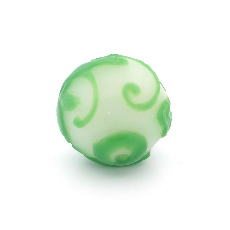 Peking Glass Carved bead, green dragons on milky white glass. Pkg 1.  b1-940