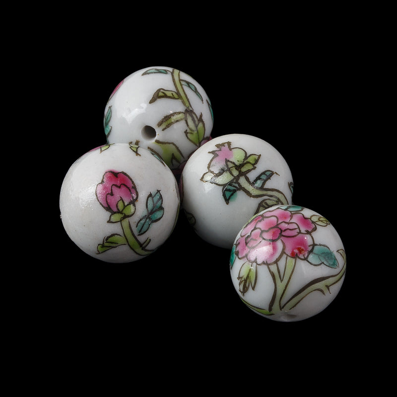 Vintage Chinese white porcelain round beads, Peony and foliage, 14mm. Pkg. 4. b2-353