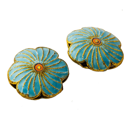 Hollow enamel flower beads, double sided, Turquoise blue. 20mm diameter. Package of 2. b2-596