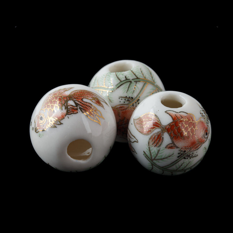 Vintage hand painted porcelain bead with Koi fish. 1970s. 20-21mm. Pkg 1. b2-932