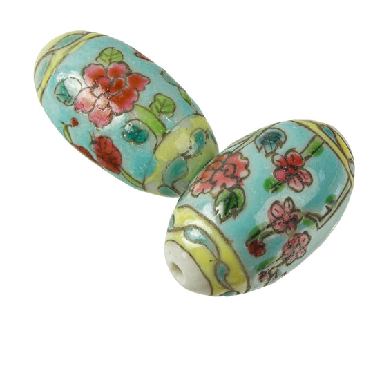 Chinese hand-painted oval porcelain blue beads 25x14mm. 2 pcs. b2-937