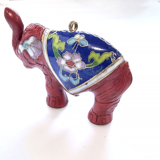 Vintage cinnabar Elephant with cloisonné saddle pendant. b2-940