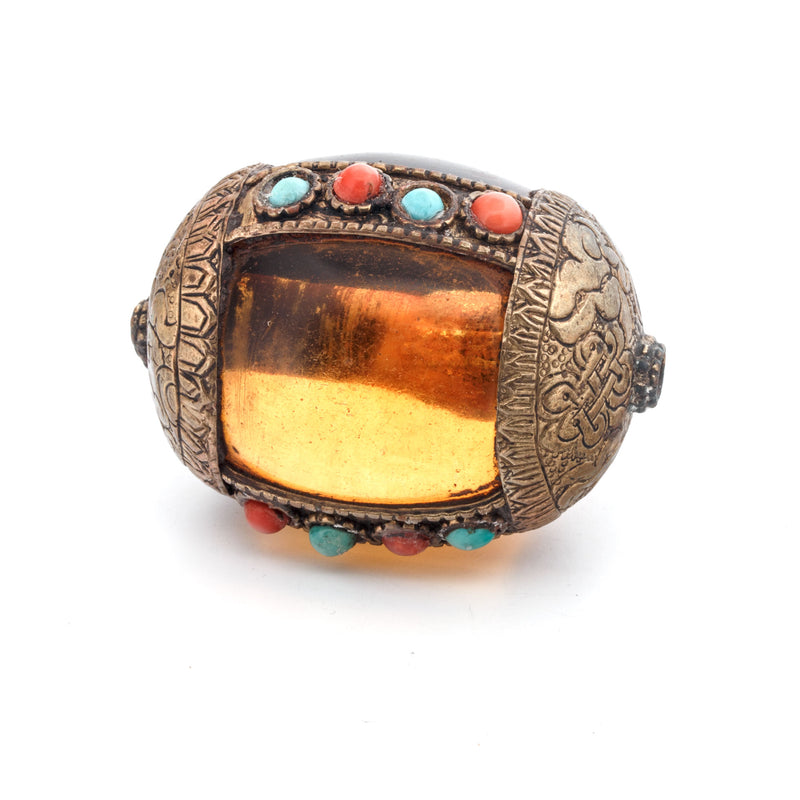 Tibetan "amber" resin bead with brass caps, coral & turquoise.  Nepal 1970s. 39x28mm. b4-amb140