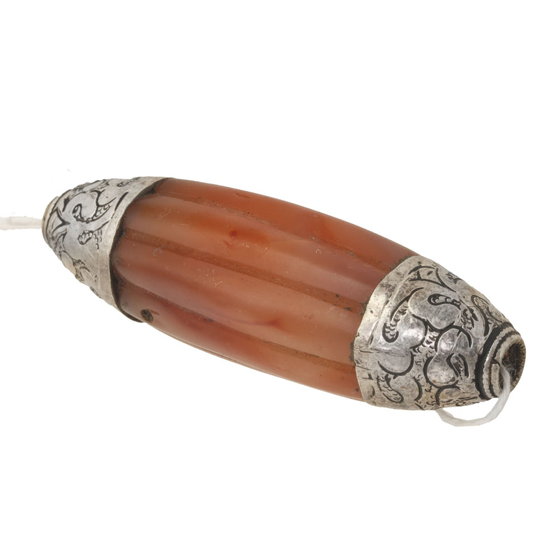 Old Tibetan agate melon bead, silver repoussé caps. , Pkg 1. b4-car403