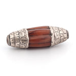 Vintage Nepal large carved banded carnelian agate melon bead with repousse sterling silver caps. 64x22mm.  b4-car405