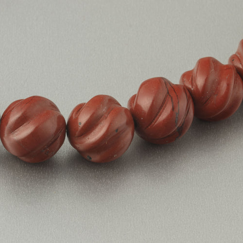 Red Jasper carved swirled melon bead.  12mm. Pkg 4. b4-jas293