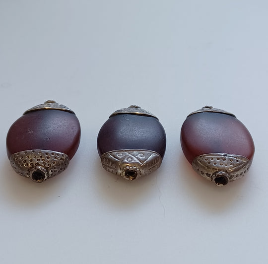 3 vintage Tibetan repousse silver capped resin faux amber beads. 28x17x8mm,Nepal, 1970s. b4-amb150