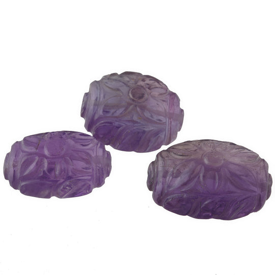 Vintage Floral Carved Amethyst Beads, gemstone quality, oval. Cts. 30-35 cts. Pkg 1. 1970s. b4-ame240