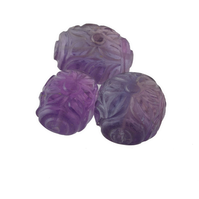 Vintage Floral Carved Amethyst Beads, gemstone quality, oval. Cts. 17.5 - 22.5cts. Pkg 1. 1970s. b4-ame241