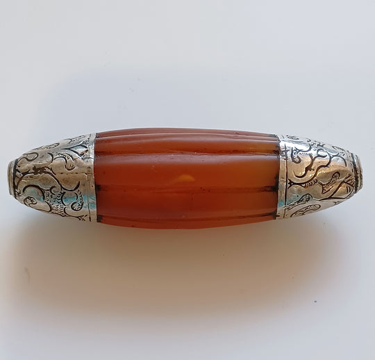 Antique Tibetan agate melon bead, silver repoussé caps. 75x21mm, Pkg 1. b4-car385