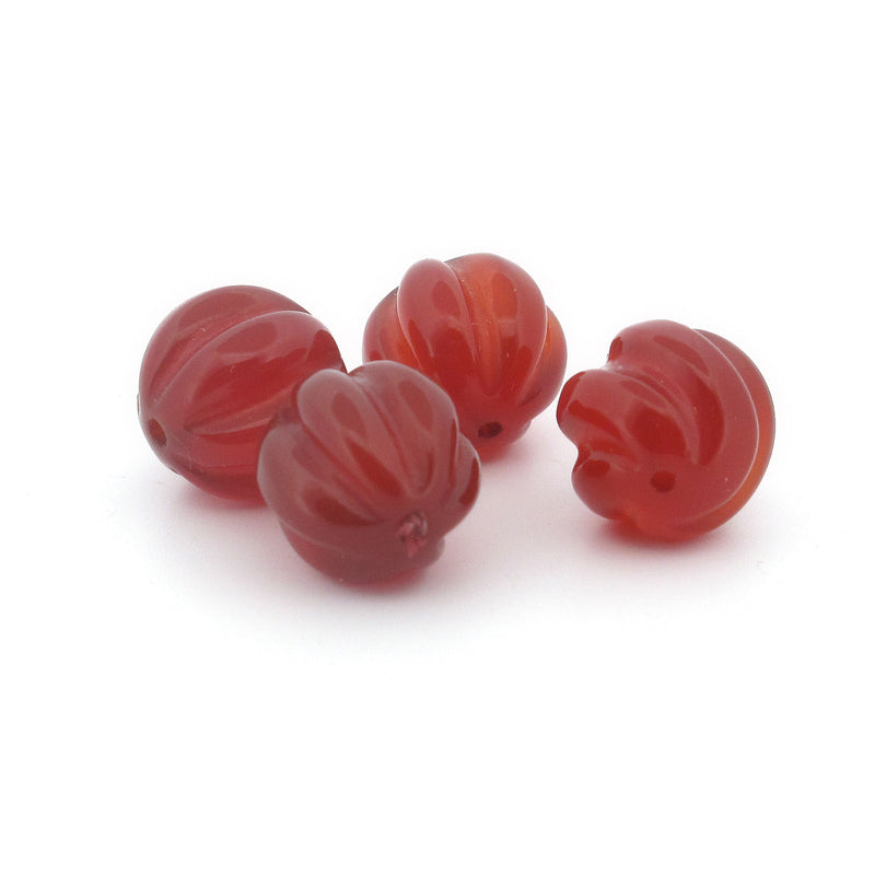 Carnelian carved swirled melon bead.  9.5 - 10mm. Pkg 4. b4-car395