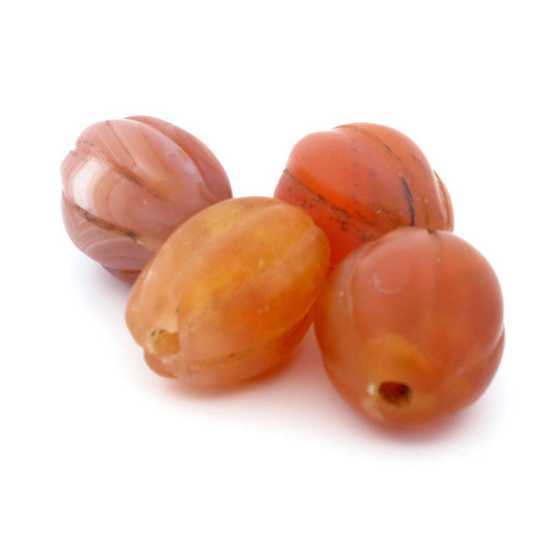 Antique Tibetan carved carnelian oval melon beads.  19-20mm. Pkg 4. b4-car401
