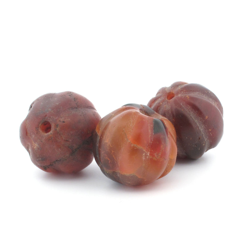 Antique Tibetan carved carnelian agate  melon beads.  18-19.5mm. Pkg 3. b4-car402