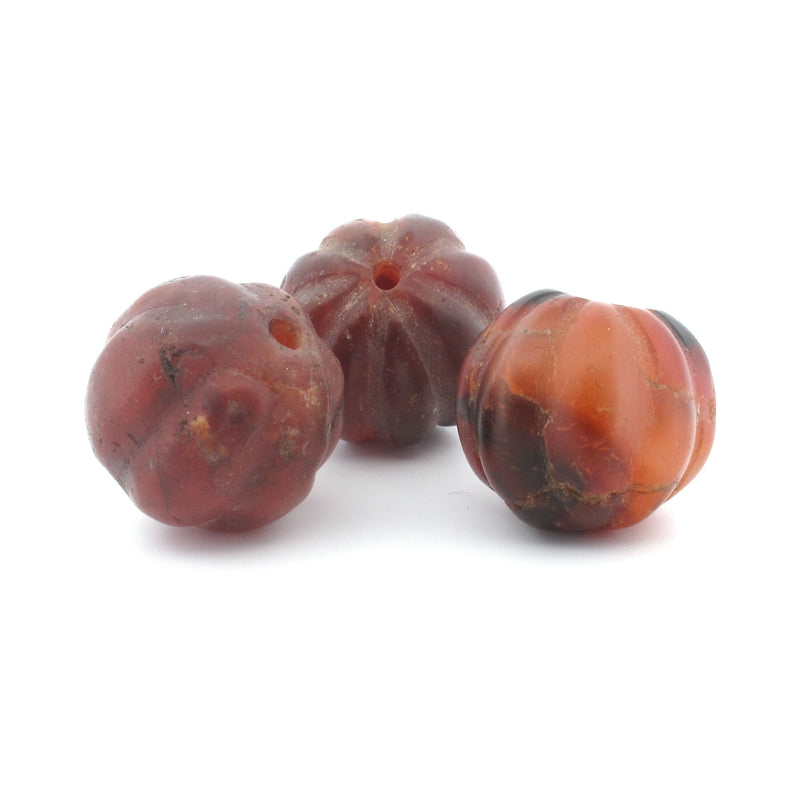 Antique Tibetan carved carnelian agate  melon beads.  18-19.5mm. Pkg 3. b4-car402