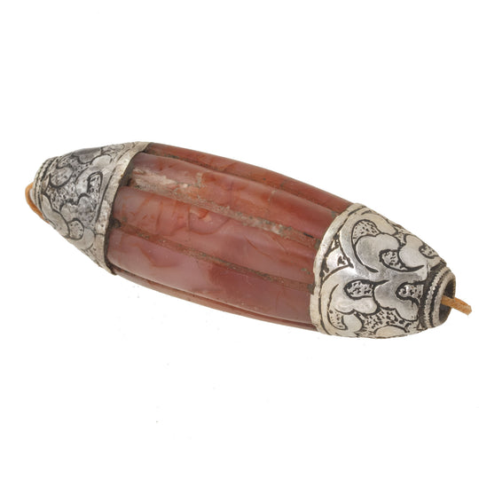 Old Tibetan agate melon bead, silver repoussé caps. 63x21mm, Pkg 1. b4-car404