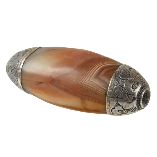 Large old Tibetan or Nepal Repoussed silver capped agate bead. 69x28x24.5mm. Pkg 1. B4-car418