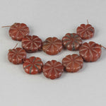 Old opaque carnelian carved flat fluted flower beads.  Strand of 5.  Nepal.  B4-car427