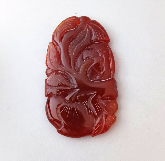 Vintage carved deep red Carnelian agate pendant foliar design 70x42mm.  B4-car433