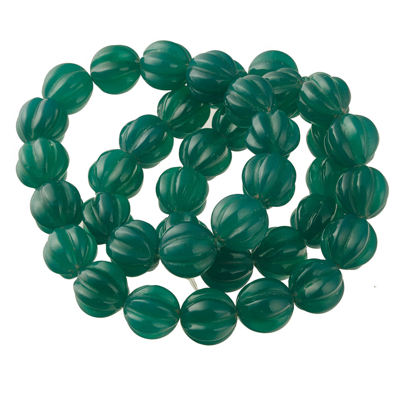 Green Chalcedony carved melon beads. 10mm. Vintage stock 1980s. Pkg 4. B4-cha128