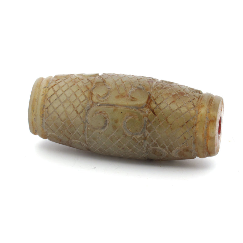 Vintage elaborately carved and etched brown and golden marbled alabaster large barrel bead. 48x20mm. Collector's estate.1970s. B4-misc108