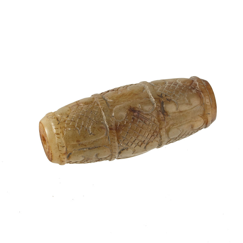 Vintage elaborately carved and etched brown and golden marbled alabaster large barrel bead. 50x20mm. Collector's estate. 1970s.  B4-misc113