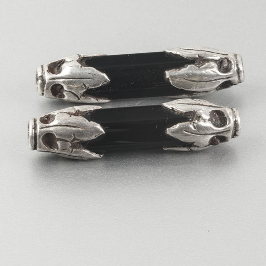 Pair of old silver capped hexagonal black serpentine beads from Tibet or Nepal.  51x11mm. b4-ser518