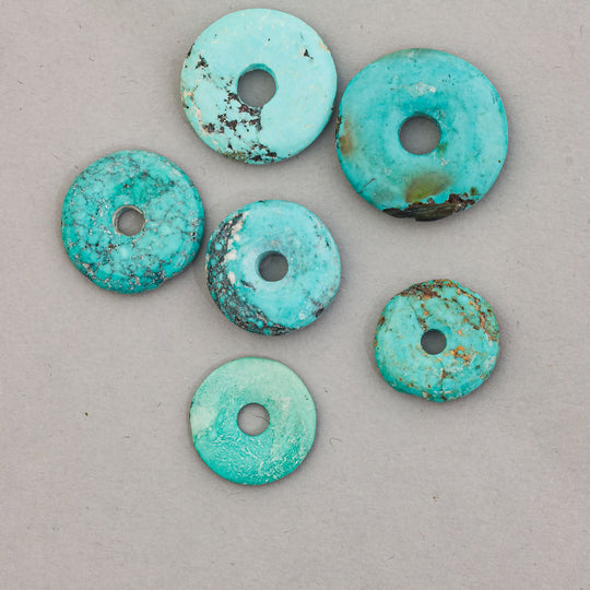6 Vintage natural Hubei Turquoise donut pi beads. 17.5-24.5mm.  b4-tur499