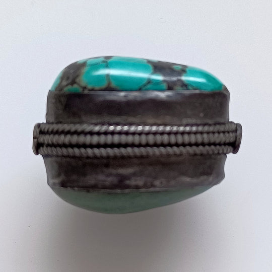 Old Tibetan Nepali coin silver and turquoise bead.  26x20mm. b4-tur501