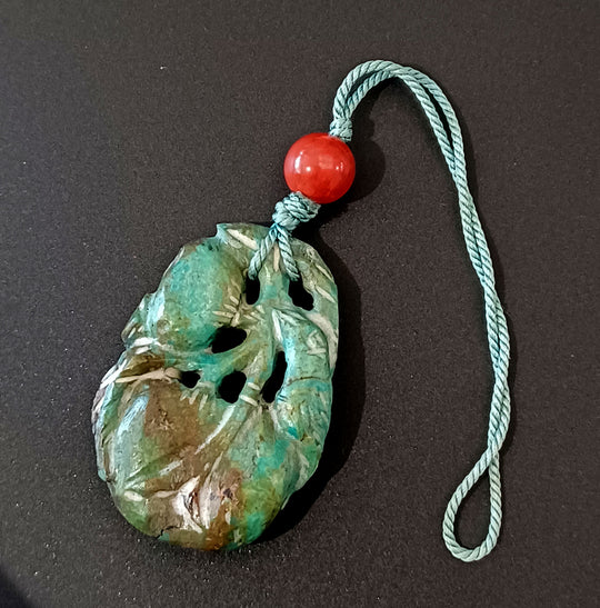 Vintage Chinese hand carved natural turquoise gourd pendant with coral bead. B4-tur505