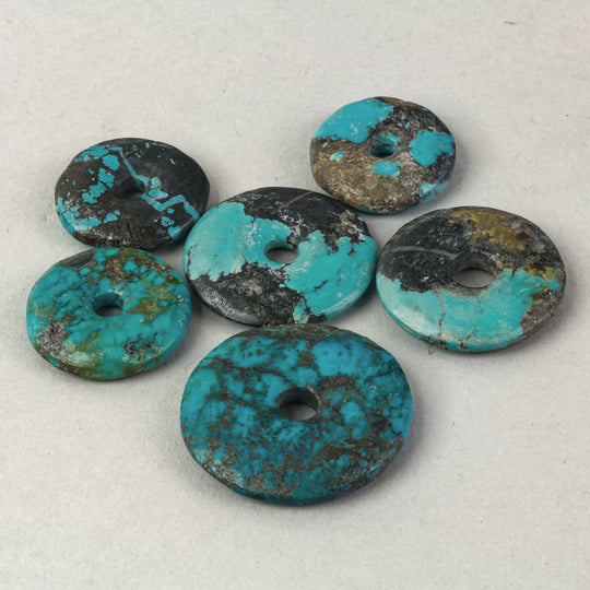 6 Vintage natural Hubei Turquoise donut pi beads. 24-33mm.  42 gr.  b4-tur507