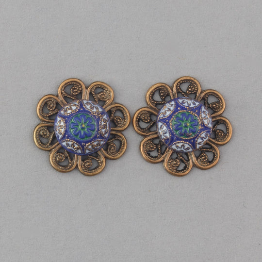 Vintage West German pressed glass mosaic  charm. 15mm . Pkg of 4. b5-508pd