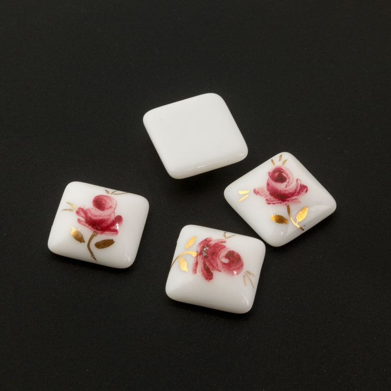 Hand Painted Rose Glass Cabochon, 11.2mm square. Pkg 4. b5-545