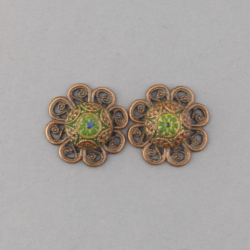 Vintage West German pressed glass mosaic  charm.  15mm. Pkg4. b5-552pd