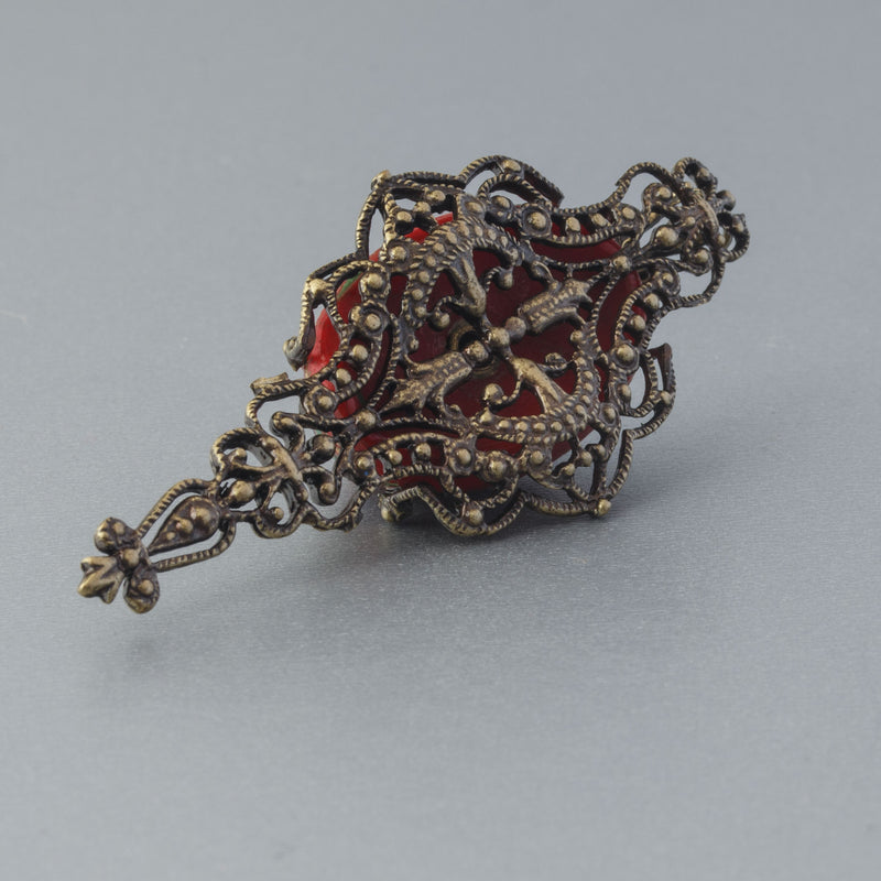 Egyptian Revival vintage Czech pressed glass and stamped brass filigree pendant. b5-555pd