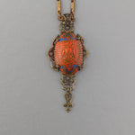 Egyptian Revival vintage Czech pressed glass and stamped brass filigree pendant. b5-554pd
