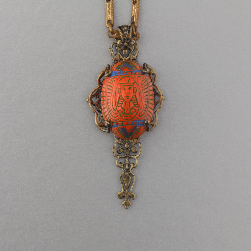 Egyptian Revival vintage Czech pressed glass and stamped brass filigree pendant. b5-554pd