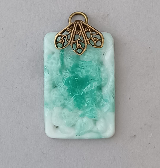 1920s Czechoslovakia pressed Jade glass and brass filigree pendant. 25x16mm. 1 pc.  b5-562pd