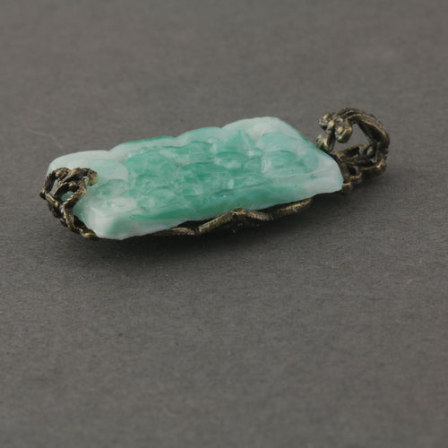 1920s Czechoslovakia pressed Jade glass and brass filigree pendant. 25x16mm.  b5-562pd