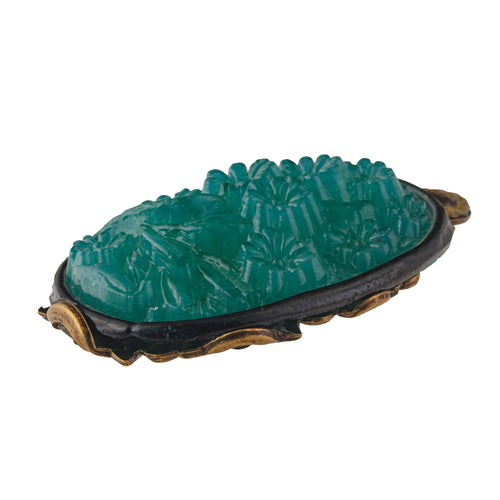 Vintage Bohemian "carved" pressed teal green glass and stamped brass filigree pendant, 36x226mm.   Pkg 1. b5-579pd