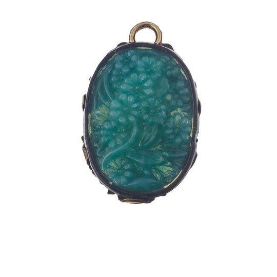 Vintage Bohemian "carved" pressed teal green glass and stamped brass filigree pendant, 36x226mm.   Pkg 1. b5-579pd