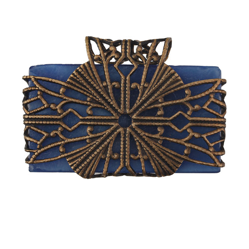 1920s Bohemia blue satin pressed glass stone with fruit basket design pendant.   44x58mm. Pkg of 1. b5-629pd