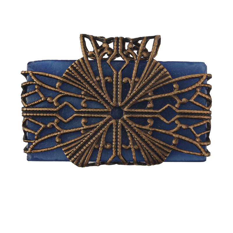 1920s Bohemia blue satin pressed glass stone with fruit basket design pendant.   44x58mm. Pkg of 1. b5-629pd