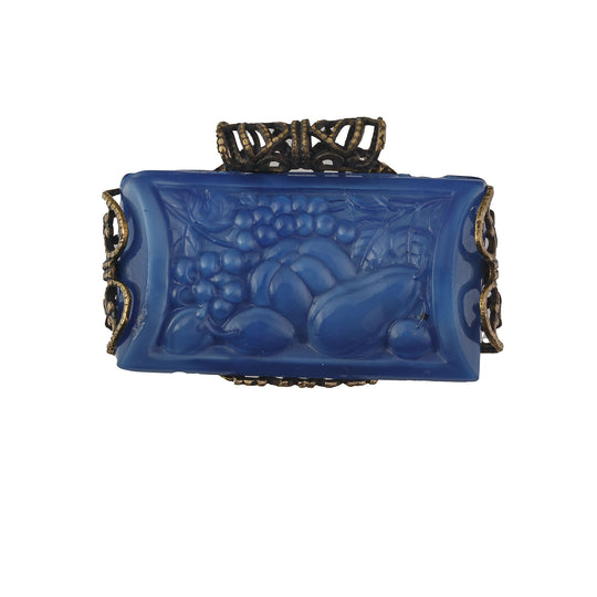 1920s Bohemia blue satin pressed glass stone with fruit basket design pendant.   44x58mm. Pkg of 1. b5-629pd