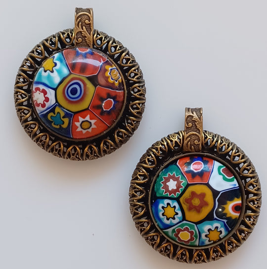 Vintage Murano Moretti millefiori cabochon brass filigree pendant. 37x32mm.  b5-865pd