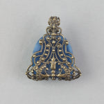Pendant of 1920s Art Deco blue Bohemian blue glass stone wrapped in vintage brass filiigree. b5-747pd