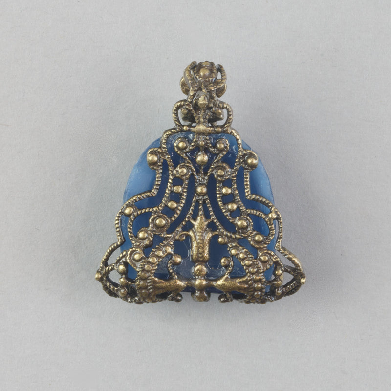 Pendant of 1920s Art Deco blue Bohemian blue glass stone wrapped in vintage brass filiigree. b5-747pd