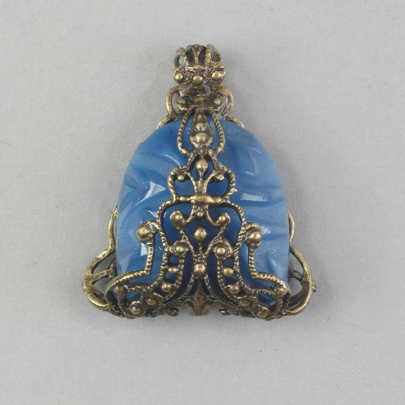 Pendant of 1920s Art Deco blue Bohemian blue glass stone wrapped in vintage brass filiigree. b5-747pd