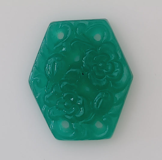 Floral Hexagon Cabochon, jade green glass,molded,pierced. Pkg 1. b5-749