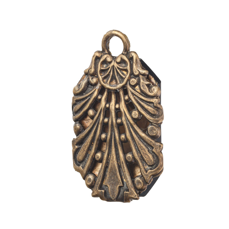 Vintage rainbow foil glass and stamped brass filigree pendant, 33x24mm.   Pkg 1. b5-752pd